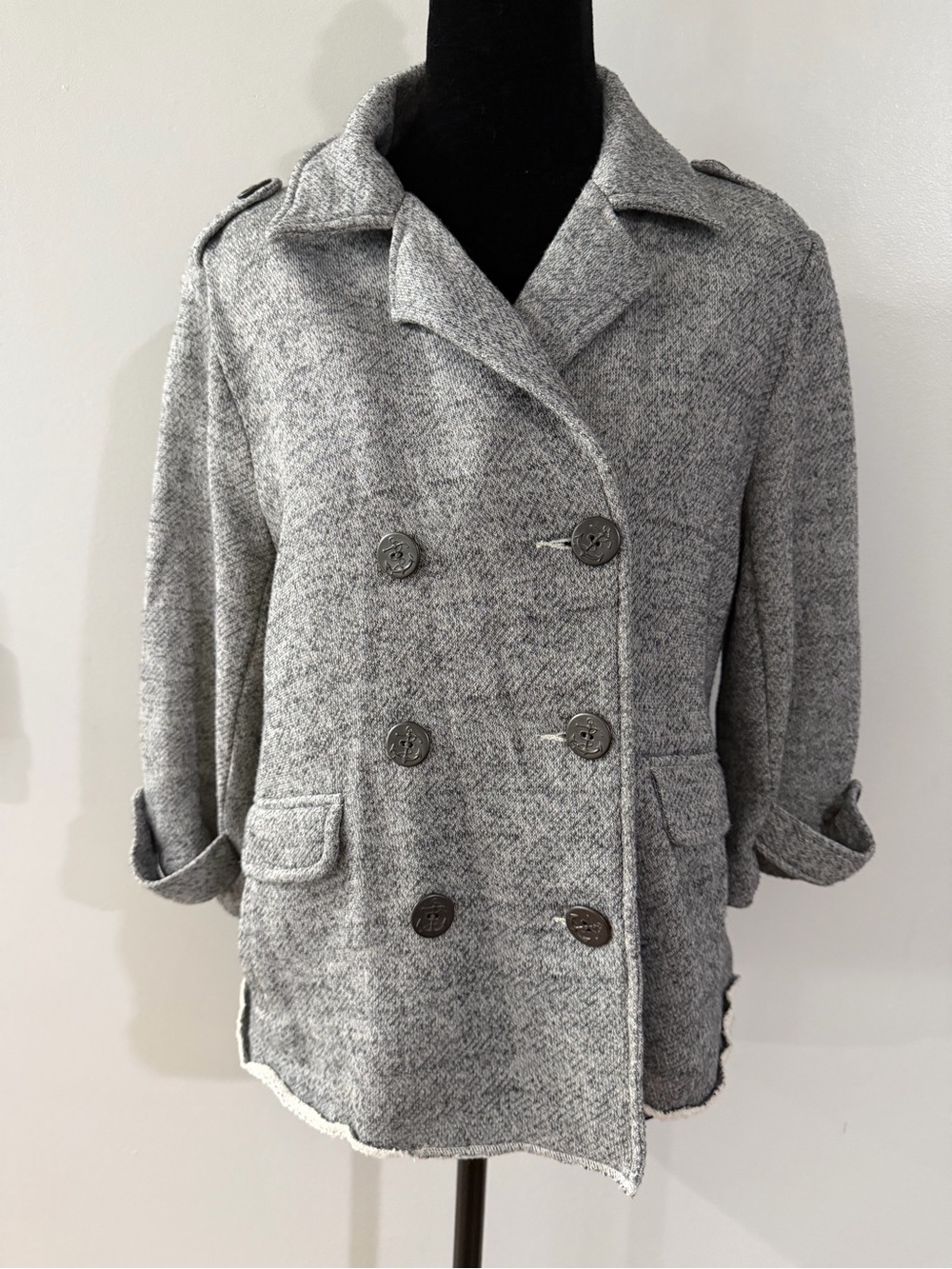 CAbi Heather Gray Double-Breasted Women's Cropped Peacoat Old Money Preppy Soft